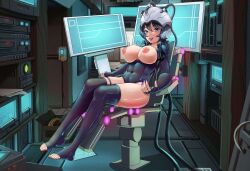  bangs black_hair blue_eyes blush breasts breasts_outside cables chair collarbone complex_background computer erect_nipples exposed_chest feet female_only femsub fingerless_gloves happy_trance helmet large_breasts leotard long_hair looking_at_viewer monitor nail_polish navel nipples open_clothes original richardson sasha_(goldenfork) sitting smile solo tagme tech_control thighhighs tight_clothing wires 