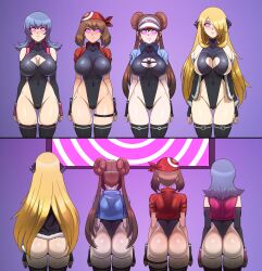 absurdres alternate_costume ass bandana blonde_hair blush breasts brown_hair cleavage cynthia double_hair_bun female_only femsub fingerless_gloves gloves hair_buns hair_covering_one_eye happy_trance hat hypnotic_screen jacket large_breasts latex leotard long_hair may multiple_girls multiple_subs nintendo opera_gloves pokemon pokemon_black_and_white_2 pokemon_diamond_pearl_and_platinum pokemon_heartgold_and_soulsilver pokemon_ruby_sapphire_and_emerald rosa_(pokemon) sabrina shinzu short_hair smile spiral_eyes standing standing_at_attention symbol_in_eyes thighhighs twintails