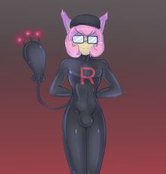 bodysuit bulge corruption furry glowing happy_trance latex looking_at_viewer male_only malesub nintendo pokemon sauce-guy short_hair skitty smile solo team_rocket