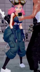 3d animated breasts breasts_outside cell_phone empty_eyes erect_nipples exhibitionism expressionless femsub gloves goggles goggles_on_head grey_skin hug hypnotic_app kissing light_skin maledom mei_hatsume my_hero_academia nipples noxir pink_hair video