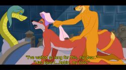 all_fours altered_perception blush bottomless breasts cheating disney doggy_style femsub fox_girl furry hair_pulling hat heterosexual hypnotic_cuckolding hypnotic_eyes jorgethewolfdog kaa_eyes lion_boy maid_marian_(disney) maledom nude penis prince_john_(disney) robin_hood_(disney) sex sir_hiss smile snake snake_boy text topless