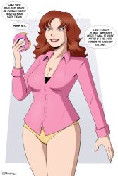  altered_common_sense brown_eyes brown_hair cleavage dialogue drugged english_text female_only femsub happy_trance hypnotic_food kate_(dutifulslave) office_lady original panties polmanning red_hair speech_bubble tagme text unaware 