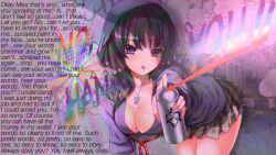  black_hair breasts caption femdom hair_covering_one_eye hypnotic_gas large_breasts leaning_forward looking_at_viewer manip necklace pov pov_sub skirt spray text tongue tongue_out 