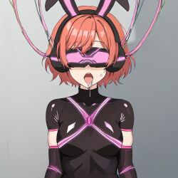    ai_art blush brain_drain breasts cables corruption drool gloves grey_background headphones hypnovideotoo latex open_mouth opera_gloves orange_hair rubber short_hair simple_background sweat t-shirt tech_control tongue_out visor wires 