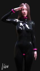 3d absurdres brown_hair collar empty_eyes female_only femsub latex open_mouth resisting tech_control valerii
