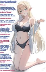  assertive_sub bare_legs blonde_hair blush bra caption cradily_(manipper) elf_ears empty_eyes expressionless femsub glowing_eyes humor kneeling large_breasts legs long_hair maledom manip may9 open_mouth original pov_dom text underwear 