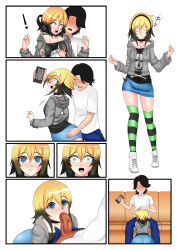 absurdres before_and_after black_hair blonde_hair blue_eyes blush border cell_phone choker closed_eyes clothed clothed_exposure comic dancing erection erika_(er-ikaa) expressionless faceless_male fellatio femsub groping hand_on_head headphones heart hypnotic_screen kneeling maledom multicolored_hair music music_player neo-izayoi open_mouth oral original penis right_to_left shirt shoes shrunken_irises simple_background skirt smile spiral spiral_eyes surprised sweater tech_control thighhighs 