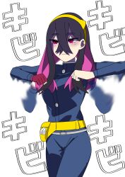 black_hair blush carmine_(pokemon) chicken_pose expressionless femsub hairband long_hair mochi_dance multicolored_eyes nintendo pokemon pokemon_scarlet_and_violet purple_eyes purple_hair water_ponzu_vinegar