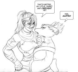 breasts character_request chin_hold chochi dialogue empty_eyes femdom femsub furry genderswap greyscale large_breasts long_hair monochrome mouse_girl ponytail rat_girl short_hair sketch splinter teenage_mutant_ninja_turtles text traditional