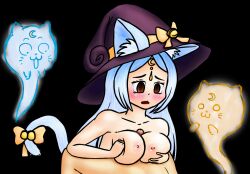 animal_ears blue_hair blush bottomless breasts brown_eyes cat_girl dazed femsub ghost large_breasts long_hair maledom nettimato nude open_mouth original paizuri penis tail topless
