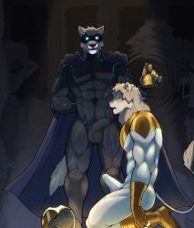  bell bodysuit boots bulge cape costume erection erection_under_clothes furry glowing glowing_eyes heavy_eyelids hyenaface hypnotic_audio kneeling lion_boy male_only maledom malesub muscle_boy open_mouth original penis professor_wolf story super_hero trigger wolf_boy 