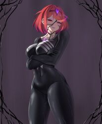  absurdres aura blush breasts crossed_arms crossover ducc_(succducc) eyeshadow femsub hair_color_change large_breasts lipstick makeup marvel_comics multicolored_hair nintendo non-binary non-binary_dom possession purple_hair purple_lipstick pyra_(xenoblade) red_eyes red_hair short_hair smile spider-man_(series) symbiote venom_(marvel) xenoblade_chronicles xenoblade_chronicles_2 