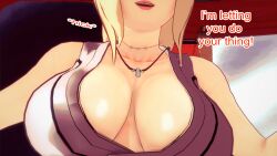 aware blonde_hair breasts cleavage clothed dialogue dogdog drunk english_text female_only naruto_(series) necklace solo text tsunade