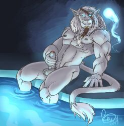 bare_legs bathing bottomless dreadlocks erection furry ghost glowing glowing_eyes happy_trance hypnotic_orb league_of_legends lion_boy long_hair magic male_only malesub masturbation muscle_boy nude omegard_(rhio) penis rengar_(league_of_legends) sitting smile solo tail topless uncircumcised water