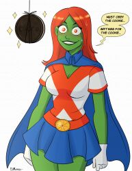  alien alien_girl blush breasts cape cleavage dc_comics dialogue english_text female_only femsub food gloves green_skin happy_trance hypnotic_food long_hair miss_martian orange_eyes pendulum polmanning red_hair skirt smile speech_bubble super_hero text young_justice 