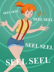  absurdres coin crossed_legs empty_eyes female_only femsub jean_shorts knees_together midriff misty nintendo open_mouth orange_hair pendulum pet_play pokemon pokemon_(anime) shorts side_ponytail solo suspenders syas-nomis text 