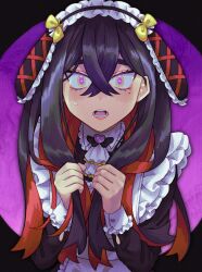  bangs black_hair carmine_(pokemon) clothed dress heart_eyes lipstick long_hair looking_at_viewer maid maid_headdress mole multicolored_hair nintendo open_mouth pink_eyes pokemon pokemon_scarlet_and_violet saba_chimera simple_background sweat symbol_in_eyes 