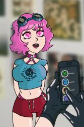  animated artist_request avabluecat cell_phone collar empty_eyes femsub gloves goggles goggles_on_head happy_trance heart heart_eyes open_mouth panties pink_hair ramona_flowers remote_control scott_pilgrim_(series) shorts symbol_in_eyes tagme text underwear video 