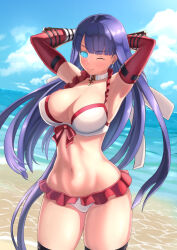  armpits arms_behind_back beach bikini_bottom bikini_top blush breasts collar earrings fate/grand_order fate_(series) female_only femsub glowing glowing_eyes jewelry large_breasts large_hips long_hair looking_at_viewer manip misterman4_(manipper) saint_martha spiral_eyes swimsuit symbol_in_eyes thighhighs 