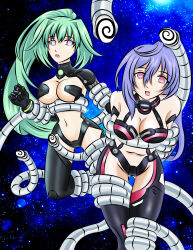 absurdres blue_hair breasts coils female_only femsub green_hair green_heart hyperdimension_neptunia hypnotic_eyes hypnotic_tentacle iris_heart large_breasts long_hair multiple_subs open_mouth plutia ponytail ring_eyes tech_control tentacles thighhighs vert zorro-zero