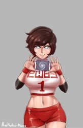 absurdres aestheticc-meme breasts cell_phone female_only femsub gym_uniform happy_trance hypnotic_screen icontrol_(manipper) large_breasts looking_at_viewer manip navel red_hair ruby_rose rwby short_hair shorts smile solo spiral_eyes symbol_in_eyes wrist_band