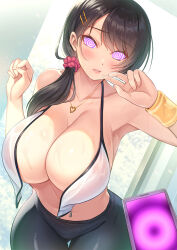  bent_over black_hair blush bracelet breasts cell_phone cleavage exposed_chest female_only femsub glowing glowing_eyes gym_uniform hinamo huge_breasts jewelry long_hair looking_at_viewer manip misterman4_(manipper) necklace original phone ponytail spiral_eyes sweat symbol_in_eyes tagme tech_control undressing 