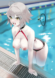  ahoge breasts choker cum cum_in_mouth cum_on_breasts cum_on_face eyebrows_visible_through_hair eyelashes fate/grand_order fate_(series) jeanne_alter large_breasts nipples open_mouth pool quan_tang_mianbao short_hair silver_hair speech_bubble swimsuit thighs time_stop tongue tongue_out unaware water yellow_eyes 