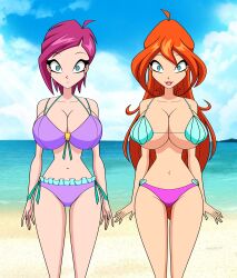  beach bikini bloom_(winx_club) blue_eyes breasts empty_eyes expressionless female_only femsub happy_trance jimryu large_breasts long_hair multiple_girls multiple_subs short_hair smile standing standing_at_attention swimsuit tecna_(winx_club) tongue winx_club 