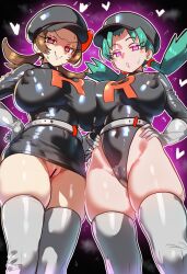  belt breast_press brown_hair enemy_conversion eye_color_change female_only femsub gloves green_hair hat kris_(pokemon) leotard lyra_(pokemon) nintendo pokemon pussy simple_background smile sweeetdonnut team_rocket thighhighs tight_clothing twintails uniform 