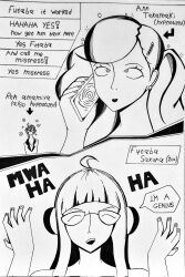  ahoge ann_takamaki black_hair closed_eyes dialogue english_text evil_smile femdom femsub futaba_sakura glasses greyscale hypnotic_screen hypnotic_spiral joker_(persona_5) kog_(krown_of_q) laughing malesub persona_(series) persona_5 phone phone_call short_hair smile speech_bubble spiral_eyes symbol symbol_in_eyes text 