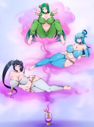 absurdres aqua_(konosuba) barefoot black_hair blue_eyes blue_hair breasts cleavage empty_eyes erect_nipples_under_clothes female_only femsub genie goddess green_eyes green_hair happy_trance harem_outfit hestia is_it_wrong_to_try_to_pick_up_girls_in_a_dungeon? kid_icarus kono_subarashii_sekai_ni_shukufuku_wo! large_breasts midriff multiple_girls multiple_subs navel nintendo palutena shinzu smile spread_legs twintails very_long_hair