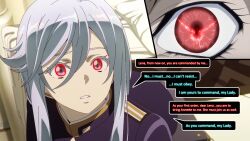 86_-eighty-six- aliensdideverything_(manipper) dazed dialogue female_only femdom femsub geass grey_eyes long_hair manip open_mouth red_eyes resisting silver_hair speech_bubble text vladilena_milize