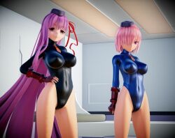3d bb_(fate/extra_ccc) breasts capcom expressionless fate/extra_ccc fate/grand_order fate_(series) female_only femsub fingerless_gloves gloves hat large_breasts looking_at_viewer mashu_kyrielight mmd multiple_girls multiple_subs navel pink_hair purple_eyes purple_hair ribbon ryona.rar shadaloo_dolls short_hair smile standing street_fighter tie very_long_hair