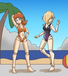 beach bikini bikini_bottom bikini_top blonde_hair empty_eyes hair_covering_one_eye mannequin mythkaz nintendo princess princess_daisy princess_rosalina red_hair super_mario_bros. swimsuit tagme