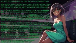 ai_art bare_shoulders black_hair bracelet breasts caption cleavage dark_skin dress female_pov femdom femsub green_eyes hypnotic_drink kinkcurator_(manipper) necklace pov_sub sexuality_change short_hair smile straight_to_gay text undressing_command