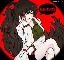  androgynous_sub black_hair blood carmen_(lobotomy_corporation) clothed corruption crossed_legs debbie_kimm femdom hair_ornament hypnotic_voice lobotomy_corporation long_hair looking_at_viewer one_eye_open open_mouth pov pov_sub red_background red_eyes sitting solo speech_bubble very_long_hair wink 