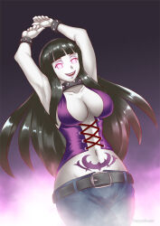 black_hair breasts cleavage corruption female_only femsub glowing glowing_eyes gradient_background hadant happy_trance hinata_hyuuga large_breasts long_hair makeup midriff naruto_(series) navel pale_skin rock_of_succubus signature simple_background solo studded_collar tattoo watermark