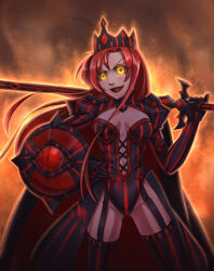  boudica_(fate/grand_order) breasts corruption crown empty_eyes fate/grand_order fate_(series) femsub garter_belt garter_straps glowing glowing_eyes happy_trance jewelry large_breasts leebigtree long_hair open_mouth red_hair sword thighhighs weapon 