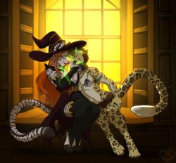 ash_(ashkelling) brown_hair cat_boy cat_girl chin_hold clothed femdom furry hat hypnotic_eyes keilani_(keilani) kittydee leopard_boy long_hair malesub non-human_feet open_mouth original red_hair tiger_girl witch witch_hat