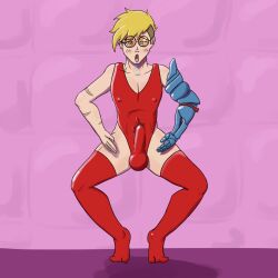  ahegao blonde_hair blush bulge cardboardcutout collarbone crossed_eyes cum_on_clothes drool erect_nipples_under_clothes erection erection_under_clothes haigure leotard male_only malesub prosthetic_limb scars short_hair simple_background solo squatting sunglasses thighhighs trigun trigun_stampede vash_the_stampede 