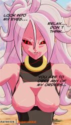  3d absurdres alternate_form android_21 blender breasts dragon_ball dragon_ball_fighterz female_only femdom glowing glowing_eyes large_breasts pov pov_sub spiral_eyes supercasket symbol_in_eyes text 