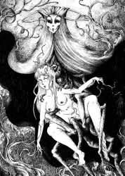  absurdres bare_legs barefoot black_sclera bottomless breasts closed_eyes eldritch empty_eyes expressionless greyscale justsketchingviolets long_hair magic:_the_gathering monochrome monster navel nude overlord_of_the_hauntwoods pussy tentacle_sex tentacles topless transformation 