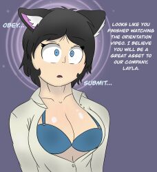  absurdres black_hair blue_eyes bra breasts cat_ears cat_girl cleavage collarbone dialogue dress_shirt drool eyebrows_visible_through_hair female_only femsub forced_employee layla_(swirlylayla) office_lady open_mouth open_shirt original short_hair shrunken_irises simple_background spiral swirlylayla symbol_in_eyes text 