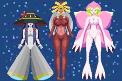  amaterasumon digimon drool glowing_eyes goddess grey_skin helmet karakurumon large_breasts lilamon nude nyarukavt pink_skin pixel_art plant_girl puppet red_skin robot robot_girl simple_background small_breasts 