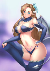 blue_eyes breasts brown_hair choker cleavage corruption crotch_tattoo demon_girl earrings elf_ears female_only femsub hadant hair_ribbon horns jewelry katarina_claes large_breasts long_hair midriff monster_girl my_next_life_as_a_villainess nail_polish ribbon solo succubus tagme tail tattoo thighhighs thighs wings