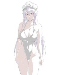  artist_request bambietta_basterbine black_hair bleach breasts cleavage collarbone drool female_only femsub hat huge_breasts large_breasts one-piece_swimsuit open_mouth red_eyes simple_background solo standing swimsuit thigh_gap very_long_hair white_background zombie 