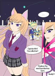 ahri_(league_of_legends) alternate_costume alternate_hair_color blonde_hair blue_eyes breasts comic crystal dialogue english_text ezreal_(league_of_legends) fingerless_gloves fox_ears gloves glowing goggles goggles_on_head kitsune_girl kneeling league_of_legends long_hair looking_at_viewer magical_girl open_mouth orange_hair outdoors purple_eyes short_hair skirt speech_bubble standing text thighhighs thighs vel