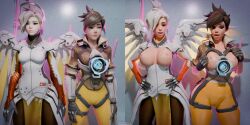  before_and_after bimbofication blonde_hair breast_expansion brown_hair female_only mercy overwatch shadowboxer3d tracer transformation 