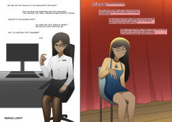  absurdres black_hair dark_skin denial dialogue english_text female_only femsub glasses long_hair naz_(maurislave) nexus_light office office_lady original sleeping stage stage_hypnosis text unaware yellow_eyes 