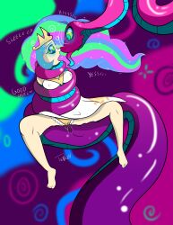 absurdres breasts coils dress erect_nipples femdom femsub hypnotic_eyes kaa_eyes large_breasts long_hair multicolored_hair my_little_pony open_mouth original penken personification princess_celestia pussy pussy_juice snake text underwear western